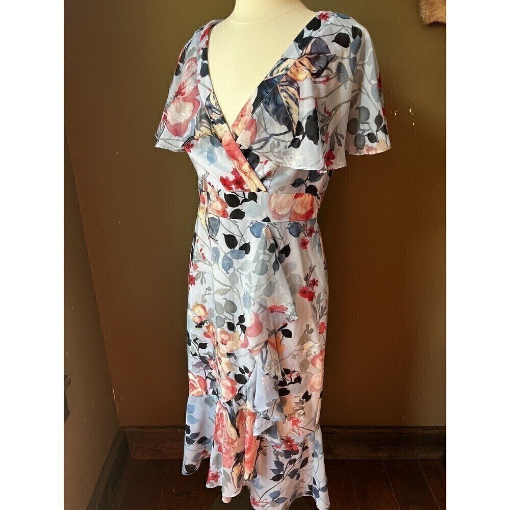 Adrianna papell womens floral faux Wrap Ruffle dress Sz 10